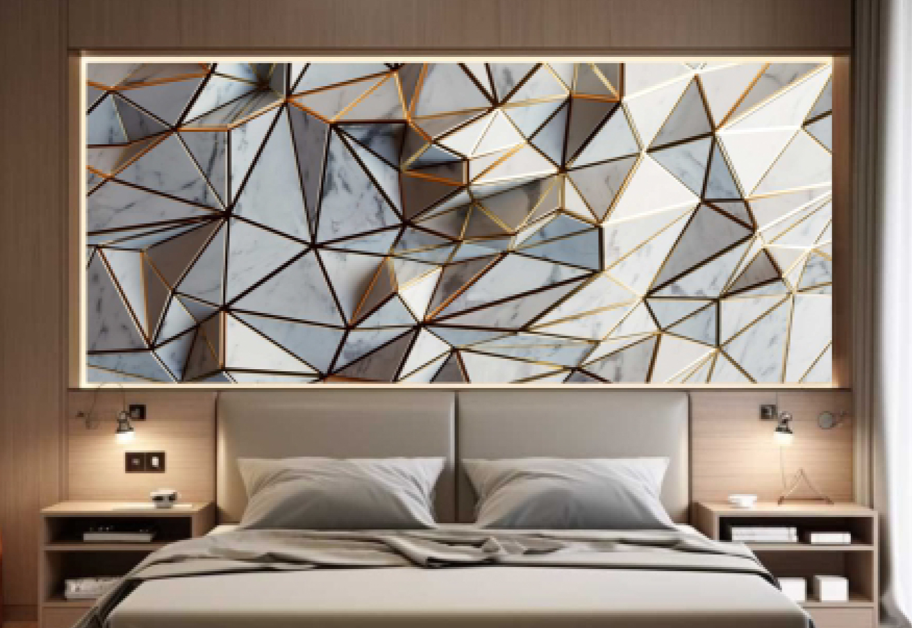 Digital Marble Design 1848 – Geometric Marble Prism with Golden Highlights